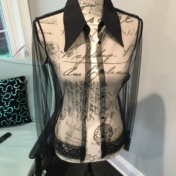 Hale Bob Sheer Black Button-Down Top - Picture 2 of 16